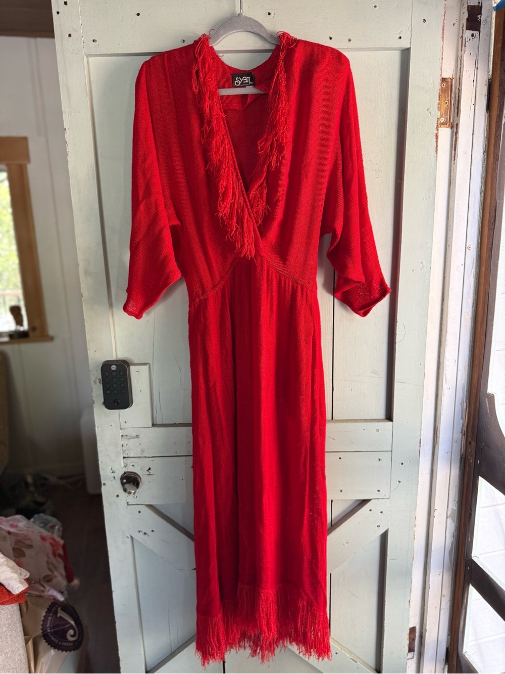 Vintage Red V-Neck Fringe Long Dress